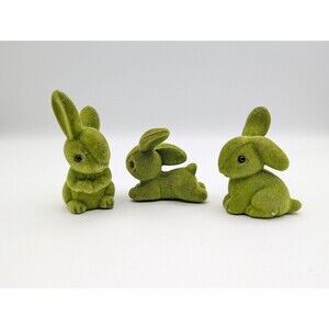 Small Green Flocked Moss Bunny Figurines Easter Spring Decor Set of 3
